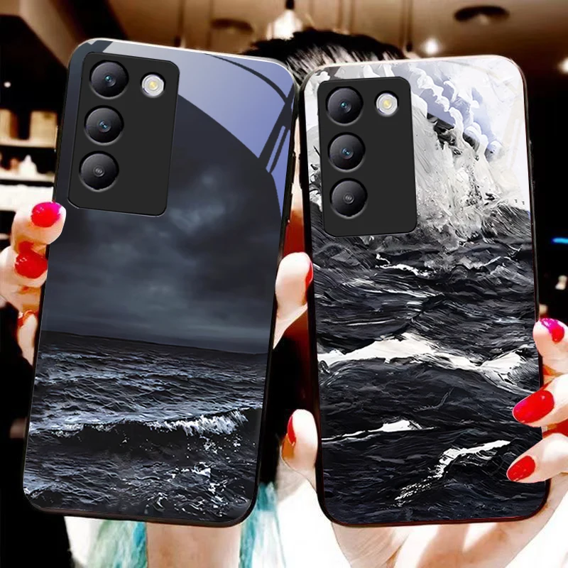 

Ink wash waves For Y72 33S 11 03 36 96 Lite 35 16 Iqoo 12 V40 SE 5G 29 40 21 30 X80 Pro Vivo Tempered glass phone case black