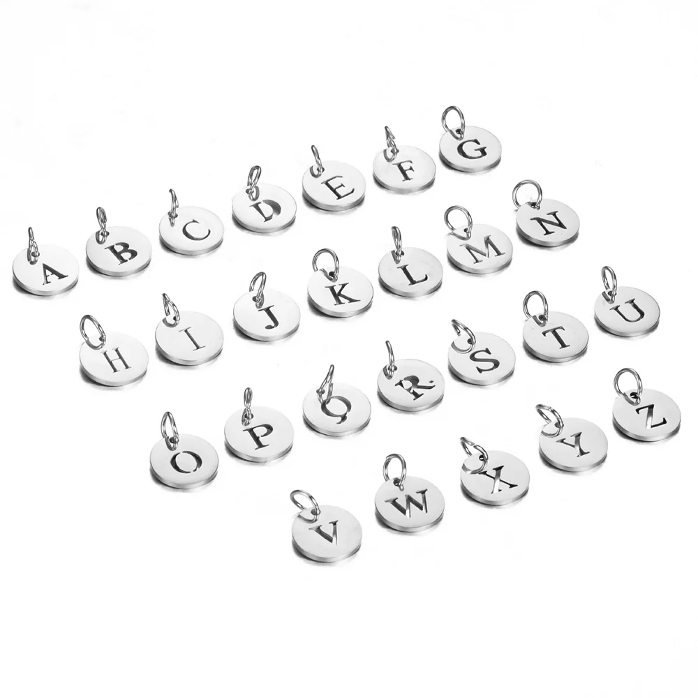5 Stück/Set 12mm 26 Buchstaben Edelstahl-Anhänger Alphabet-Halskettenanhänger DIY Schmuckherstellung Charms mit Ringen – Detail 2