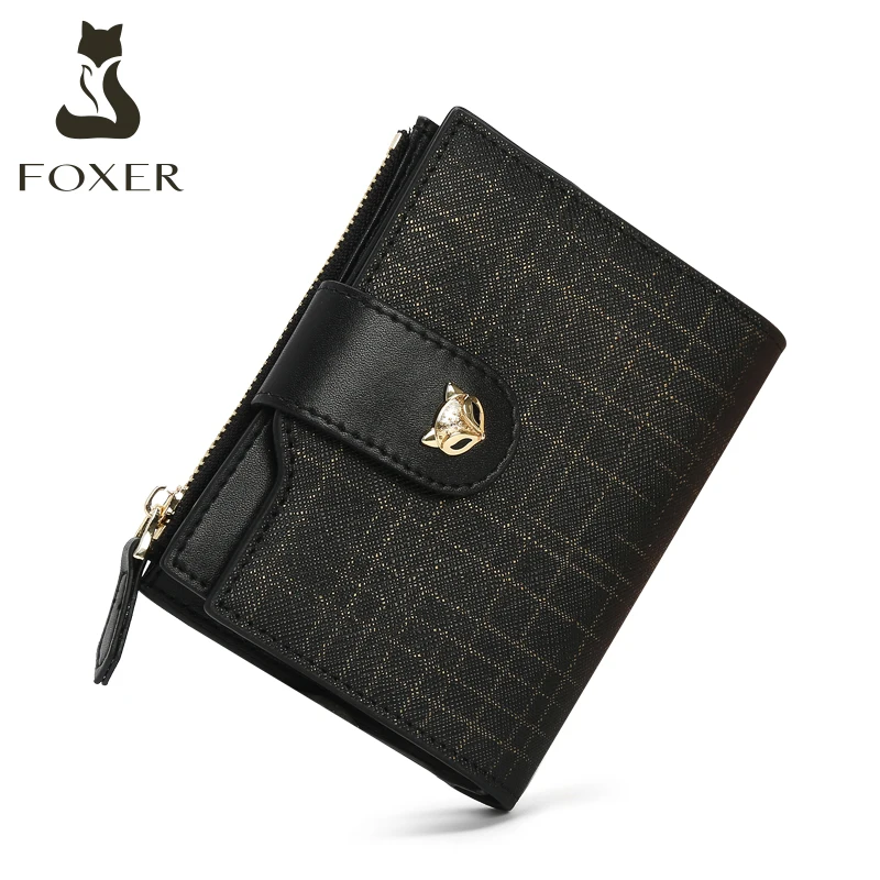 FOXER 2025 New Cowhide Leather Women's Simple Short Style Clutch Card Purse Mini Fashion Wallet Female Folding Anti-theft brush