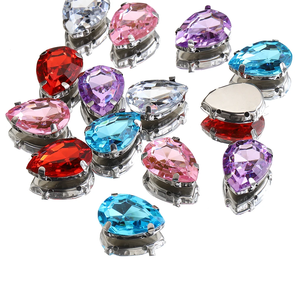 50 ชิ้น Silver สี Claw Basing Glass Water Drop Shape Rhinestone ลูกปัดคริสตัลเย็บบนลูกปัด Fit DIY เครื่องประดับทํา Supplie