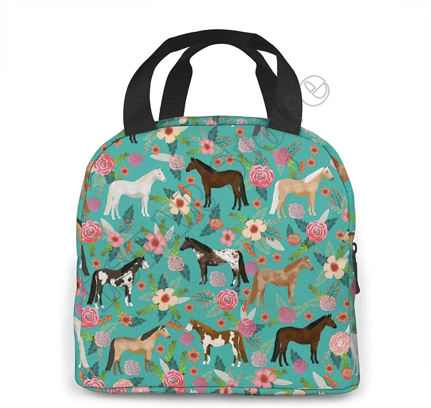 Horses And Flowers Lunch Bag Insulated Water-Resistant Tote Bag Reusable Lunch Box For Picnic Travel