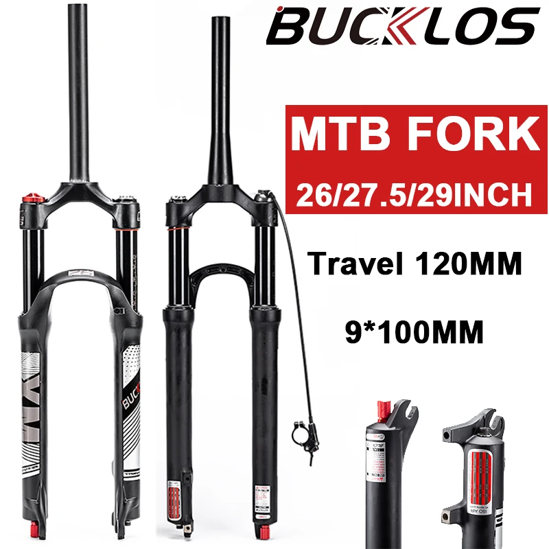 

BUCKLOS Air Suspension Bicycle Fork Mountain Bike 120mm Travel Disc Brake MTB Air Fork 26 27.5 29 bike Fork Straight Tapere Tube