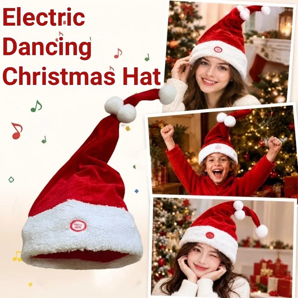 Fluffy Electric Christmas Hat Plush Brim Bobbing Motion Moving Santa Cap Motorized Motion Battery Powered
