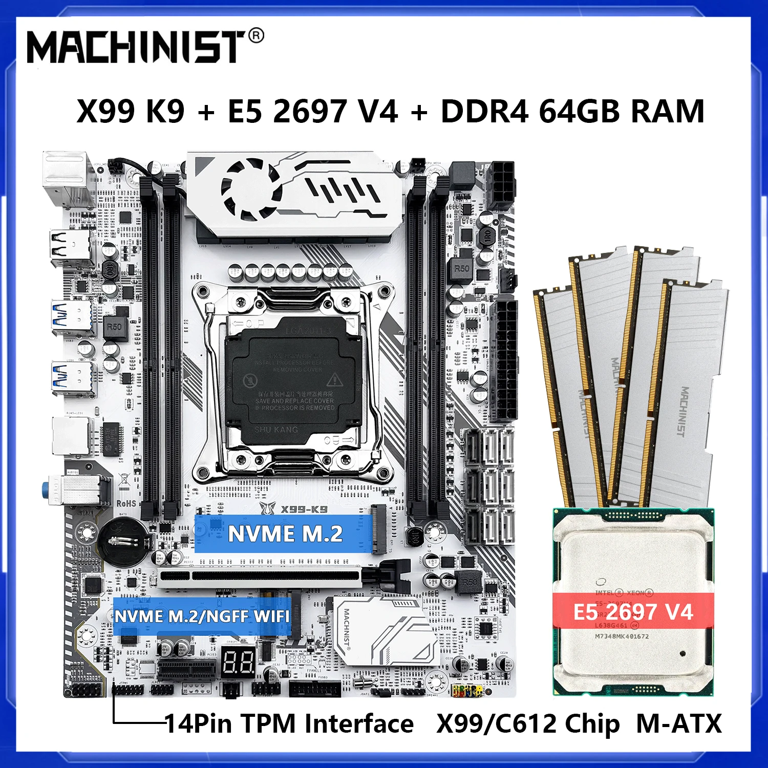

Комбинированная материнская плата MACHINIST X99 K9 с процессором Intel Xeon E5 2697 V4, LGA 2011-3 DDR4, 64 ГБ, поддержка памяти, модуль TPM2.0