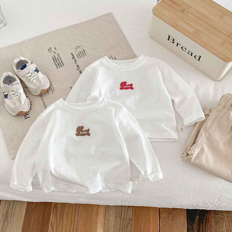 White Color Kids Long Sleeve T-shirt Kids O-neck Pullover Blouse Base Shirt Girl Boy Sweatshirt Tops Cotton Children Clothes 1-5