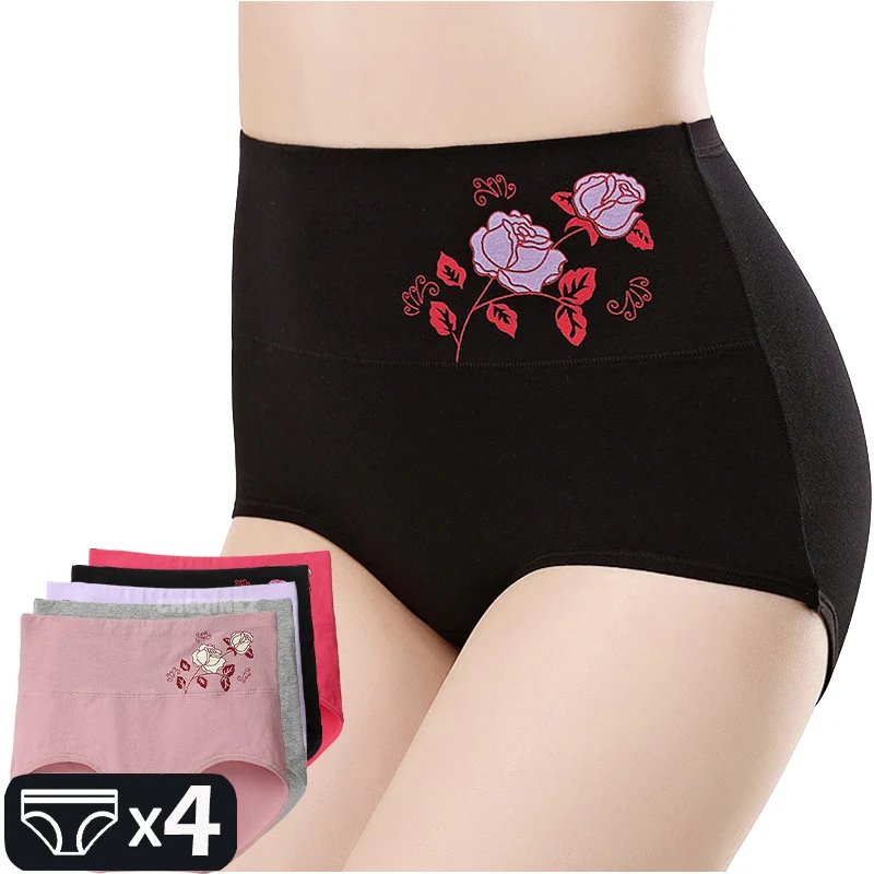 4Pcs/Lot Cotton Panties Women High Waist Underwear Plus Size Briefs Girl Abdomen Slimming Shapewear Female Postpartum Underpants