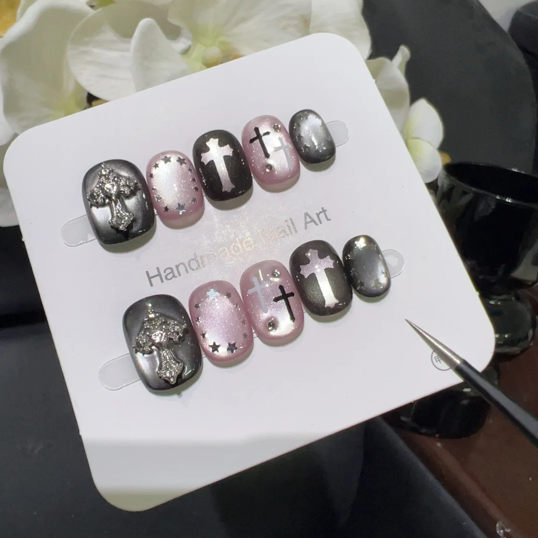 [Black Pink Cross] Sweet and Cool Dark Black Pink Contrast Color Nail Art Cross Star Glitter Decoration Handmade Wearing Nail