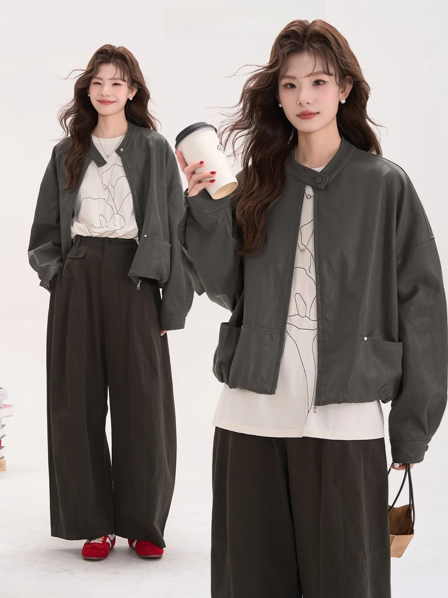 

Женская повседневная кожаная куртка Heme с круглым вырезом, весенняя элегантная модель свободного кроя, из искусственной кожи, с длинными рукавами, на молнии