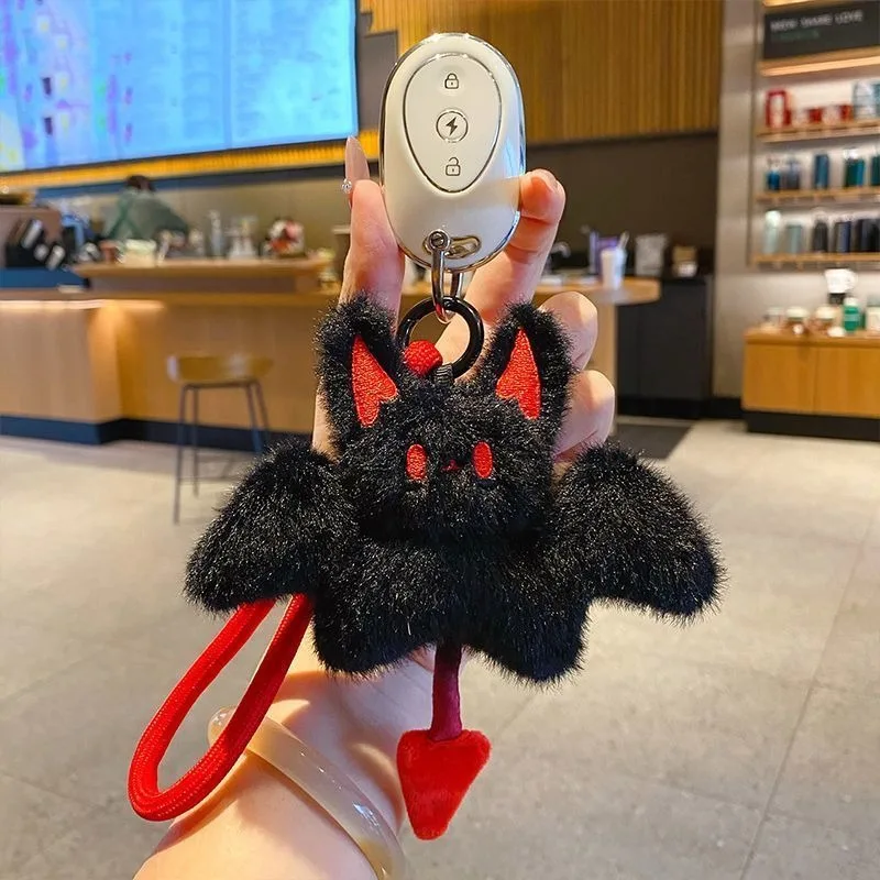 Soft Stuffed Devil Bat Keychain Fluffy Plush Gothic Key Ring Cute Halloween Backpack Pendant Bag Charm Party Favor Gift Women