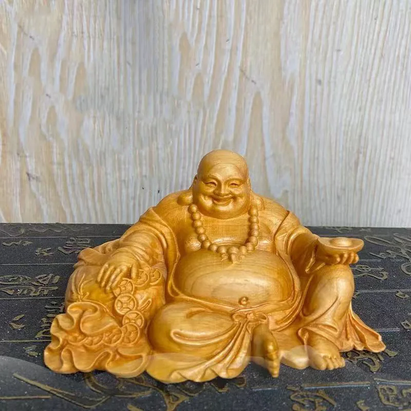 Solid Wood Ingot Maitreya Buddha Sculpture Statue， Modern Art Hand-Carved Home Living Room Bedroom Lucky Statue Gift Souvenir