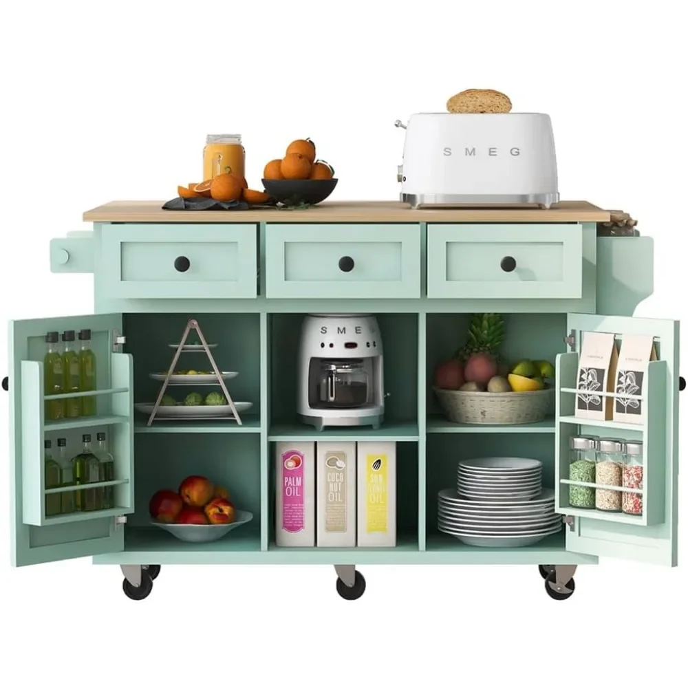 Rolling Kitchen Island with Storage,53 Inch Width, Two Door Cabinet and Three Drawers (Mint Green),Kitchen Islands & Trolleys