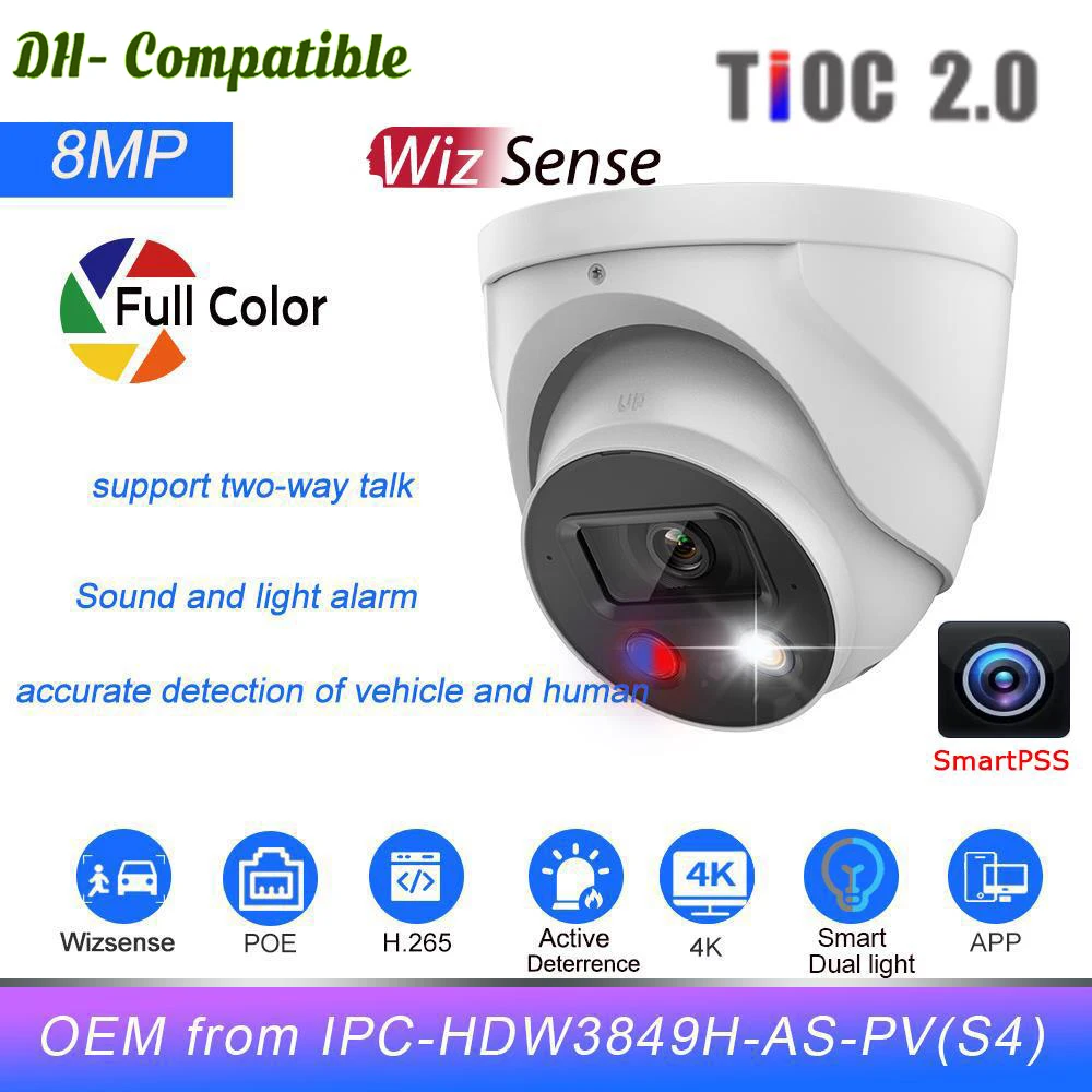  OEM Dahua 8MP Tioc Colorvu IP Camera replace HDW3849H-AS-PV-S4 WizSense Active Deterrence 2-way Audio Alarm Surveillance Camera