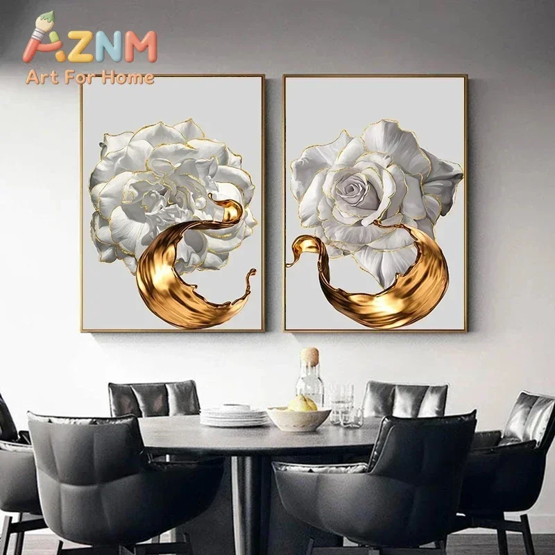 AZNM White Rose With Golden Splash Canvas Wall Art Luxury Floral Modern Abstract Art Print Unframed Canvas Poster for Home Decor