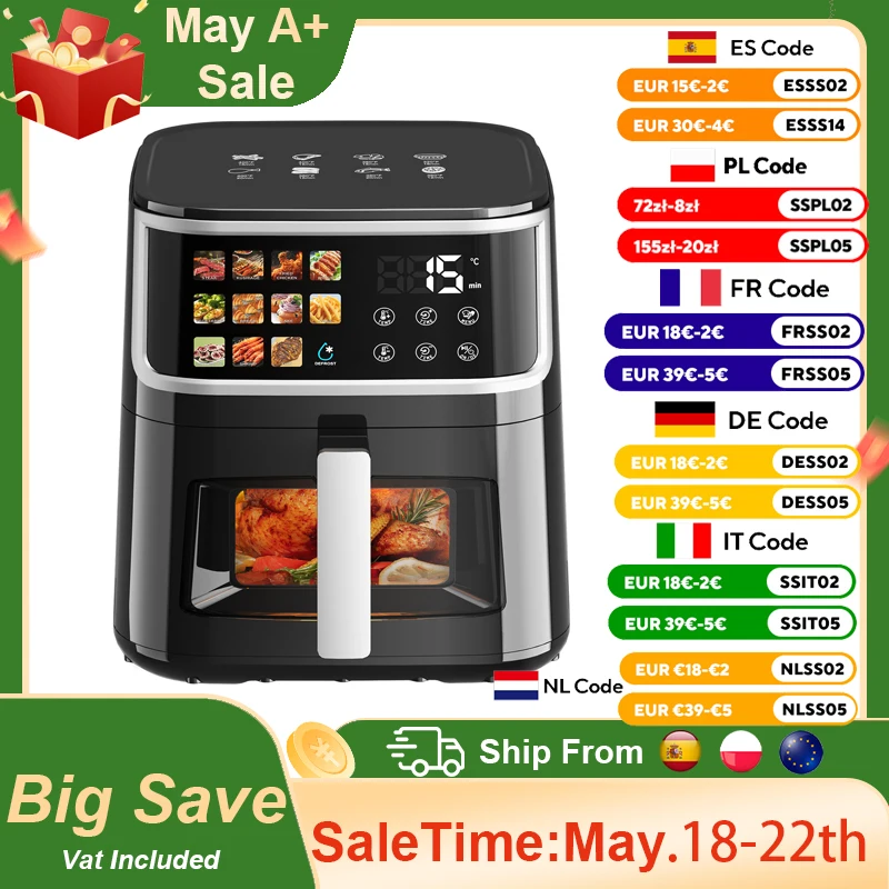 Patbrela 8L Air Fryer Oven with Viewing Window Oil-Free Air Fryer with Digital Display 11 Cooking Presets Dishwasher Safe Black