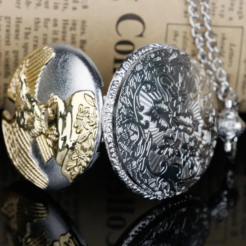 الرجعية الفضة الذهب النسر الطائر تصميم فوب كوارتز ساعة الجيب مع سلسلة قلادة مجموعات الفن العتيقة ساعة الذكور الإناث