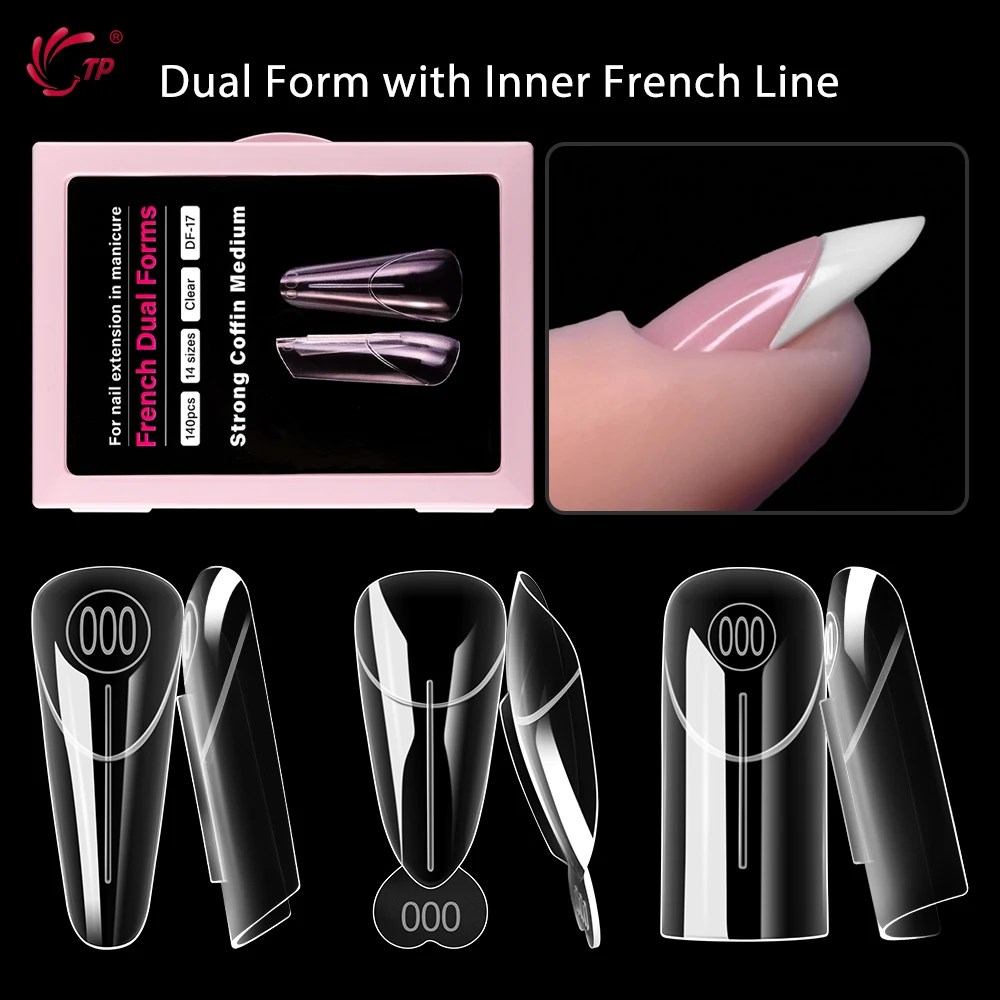 TP French Nail Forms Dual Form System Nail Extensions Mold 14 Sizes With Inner French Line Reusable Tips Nail Builder 140Pcs