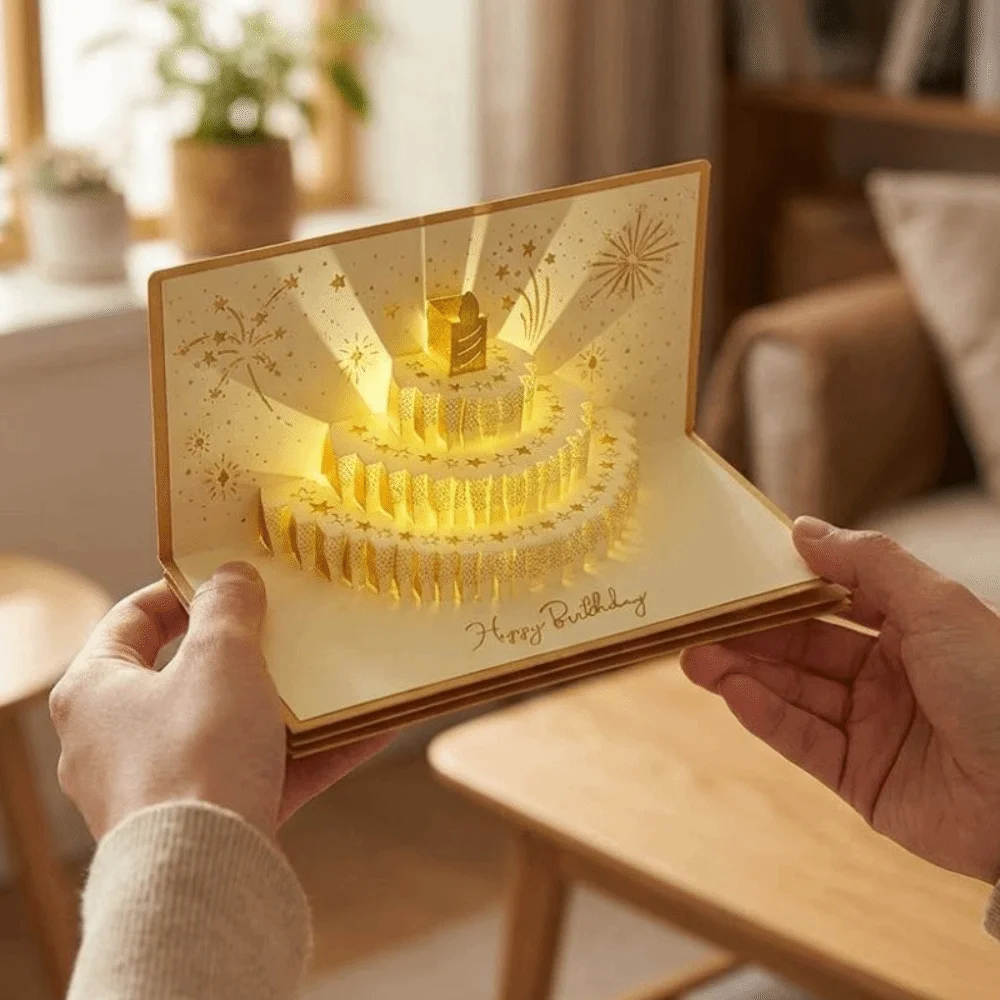 

6 Card Slots 3D Pop-Up Cake Greeting Card Illuminated Folding Musical Light Gift Card Postcard with Ribbon Birthday Red Envelope