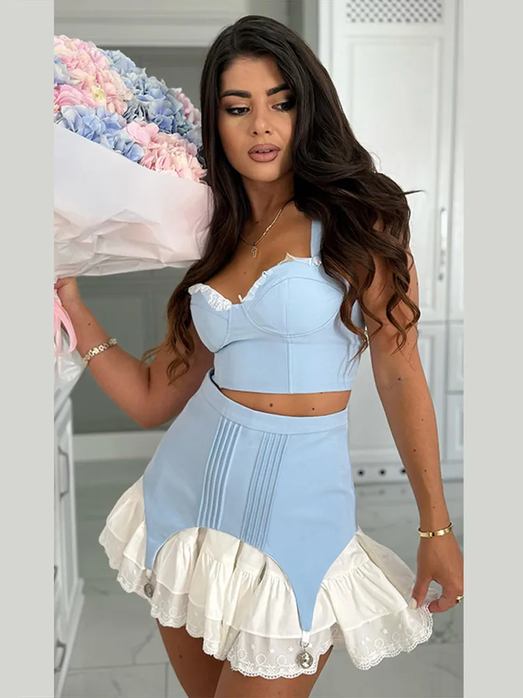 Sexy Lace Patchwork Vest Skirt Sets Women Blue Chest Wrap Crop Top Mini Skirts Female Suit 2026 Summer Fashion Beach Lady Suits