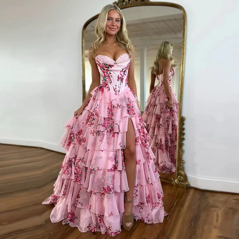 

Индивидуальное дизайнерское шифоновое платье для выпускного вечера без бретелек с многоуровневыми оборками и высоким боковым разрезом Вечернее платье для незаменимых официальных мероприятий