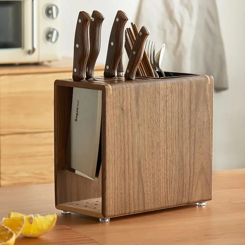 Premium Teak Knife Block Organizer -Ventilated Anti-Mold Kitchen Storage with Drainage Holes Holds 8 Chefs Knives for Countertop