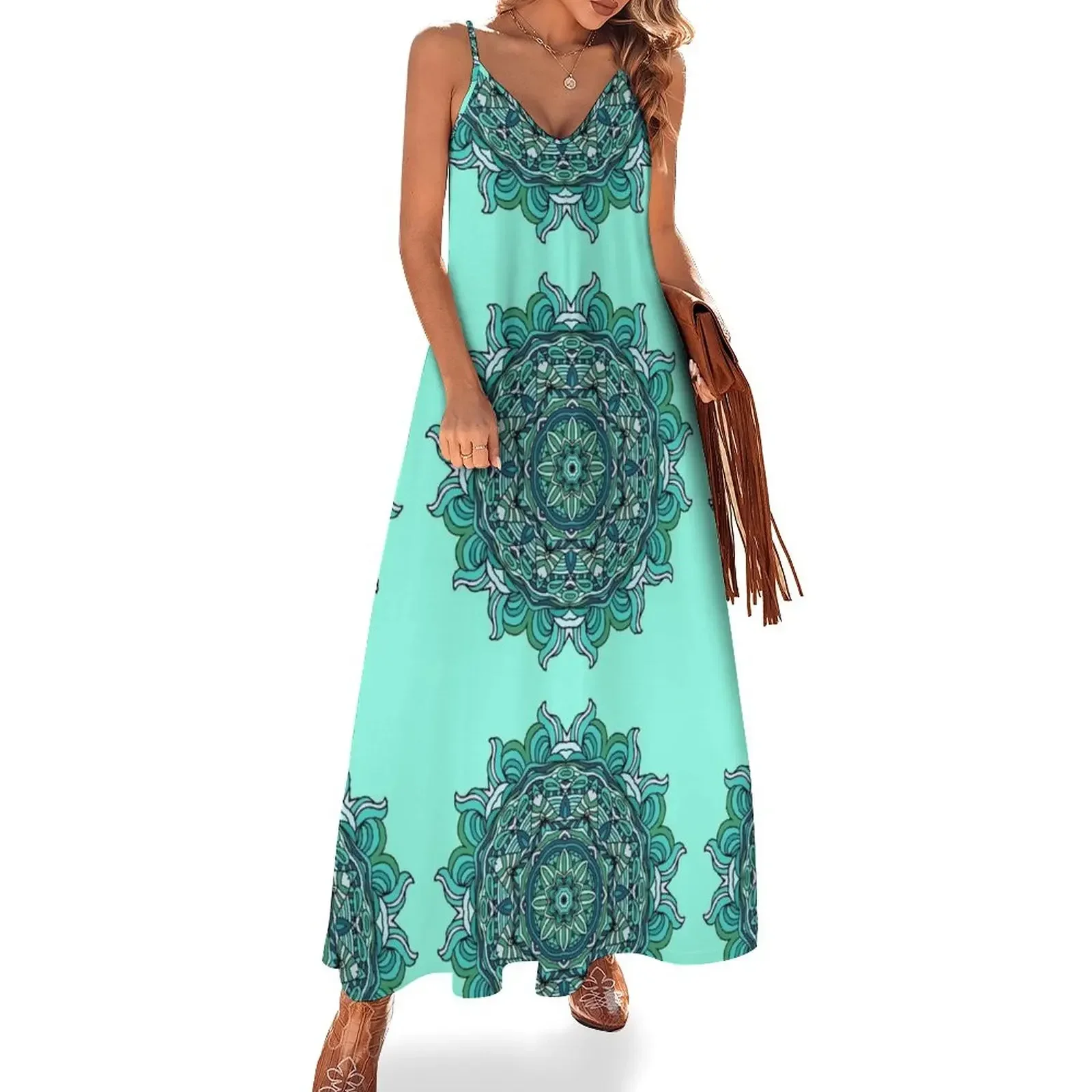 

Blue mandala Sleeveless Dress summer outfits for women 2024 Elegant gown Dresses for wedding party Dress