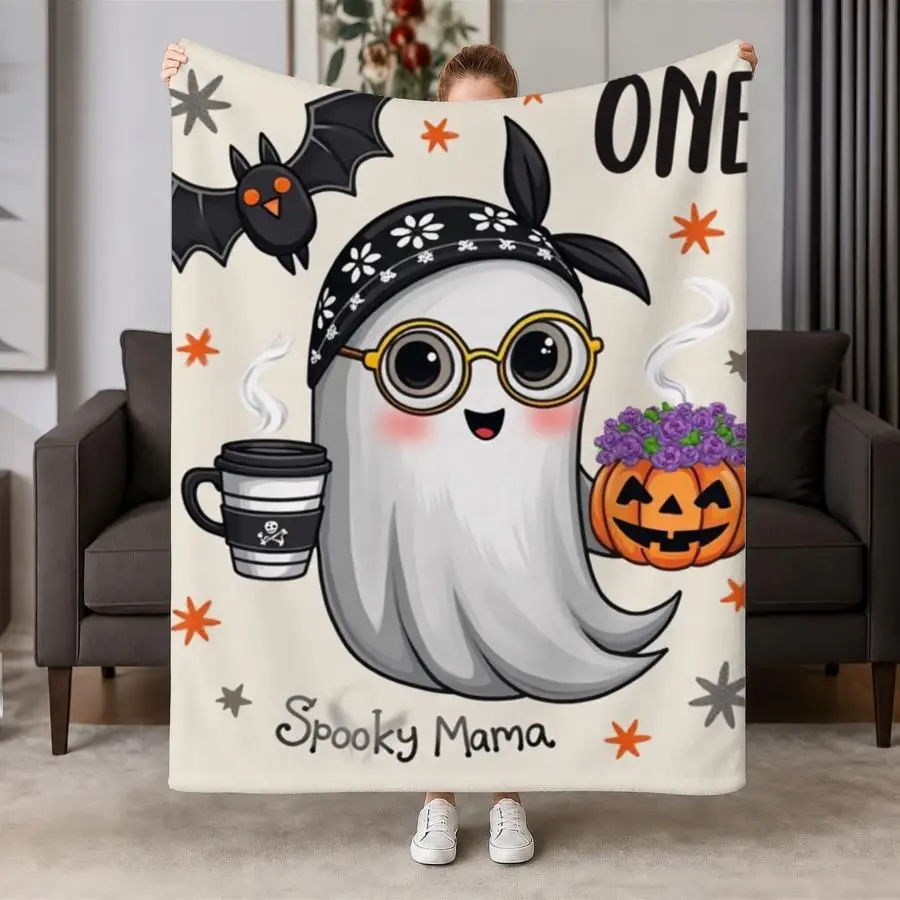 Cozy Spooky Mama Flannel Throw Blanket Suitable for - Use - Cute Coffee & Pumpkin Weighted Blanket, Soft Warm Fleece Bedspread for Couch, Bed, Travel, Machine Washable Gift for &,, Dorm, Contemporary Style, 2D Flat