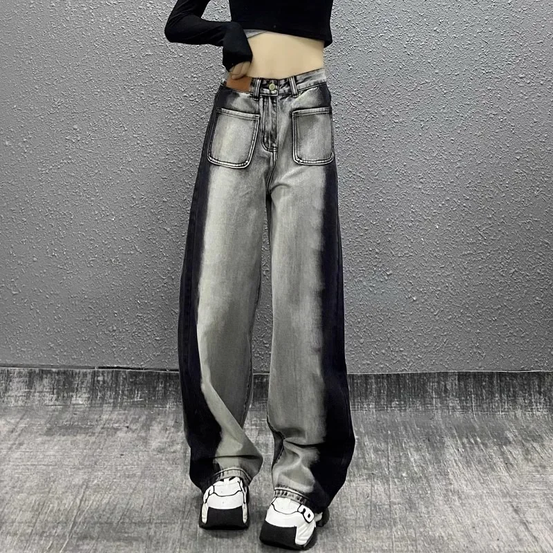 American Retro Contrasting Color High Waiste Straight Leg Wide Leg Jeans Spring Summer 2024 Women New Loose Slim Fit Pants