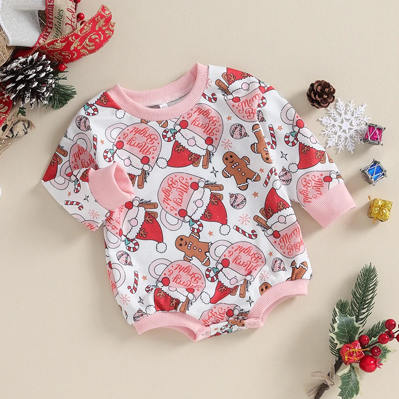 

Baby Christmas Romper Long Sleeve Crew Neck Santa Claus Print Fall Bodysuit Clothes for Girls Boys