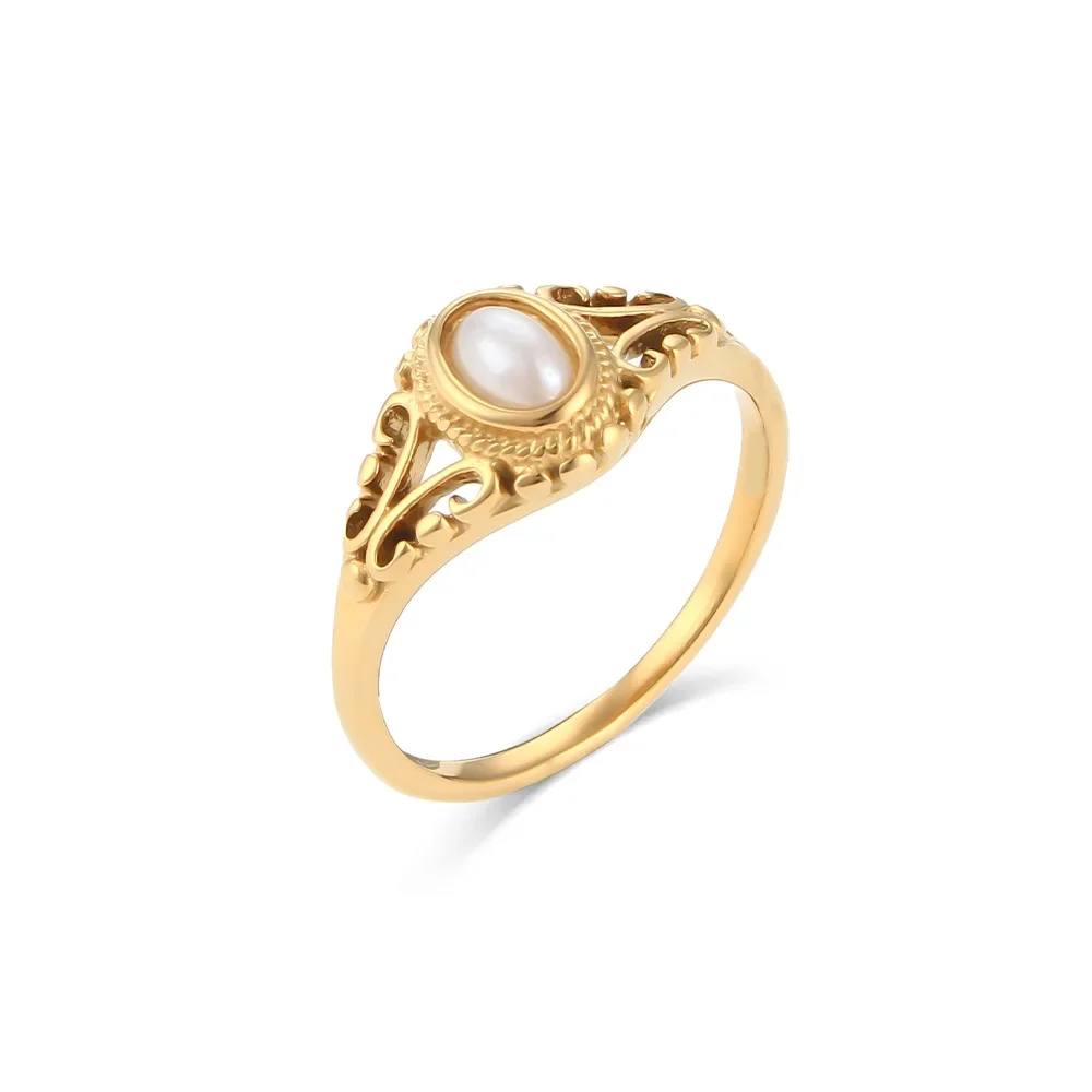 

Simple Pearl Ring Gold Flower Pattern Ring For Women Jewelry Gift Accessories