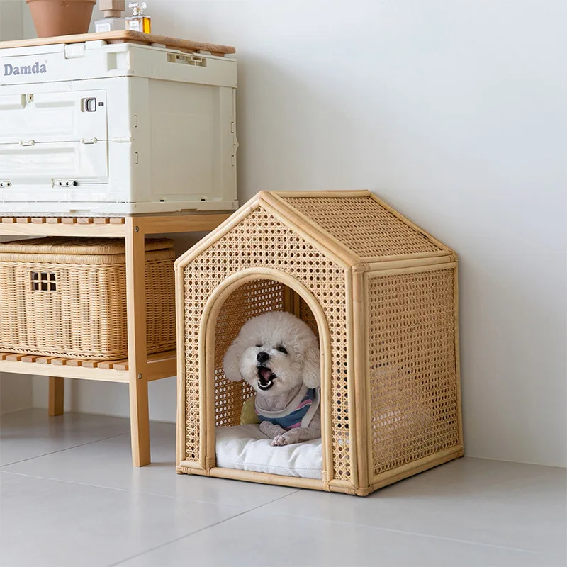 

House Pet Bed Roof Kennel Rattan Cat Cat Bed Kitten Puppy Handmade Rattan Bed ins Korean Natural Rattan