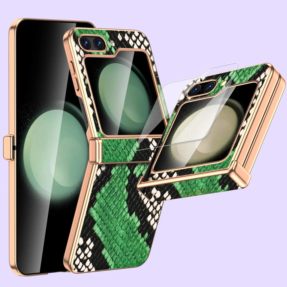 

Чехол для телефона из воловьей кожи для Samsung Galaxy Z Flip5 Flip6 6 5 ZFlip5 ZFlip6, роскошный защитный чехол с петлями и закаленным стеклом