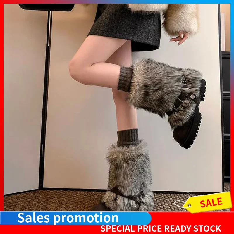 Women Fashion Fuzzy Spliced Short Winter Boots Round Toe Buckle Strap Rubber Sole Fleece Lining Warm Block Heel Booties F334