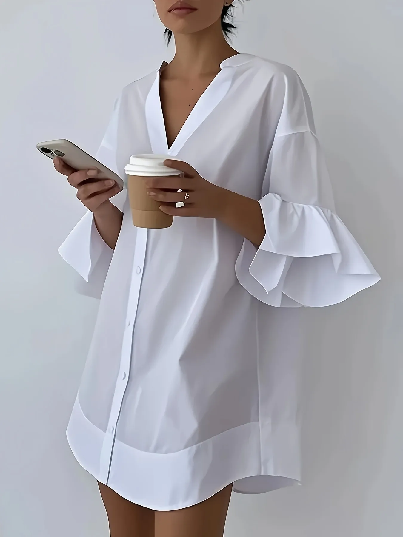 

Summer Women's Clothing Elegant Casual Long Sleeve V Neck Blouse For Woman Loose Fit Cool Silk Cotton Solid Color Top Wear