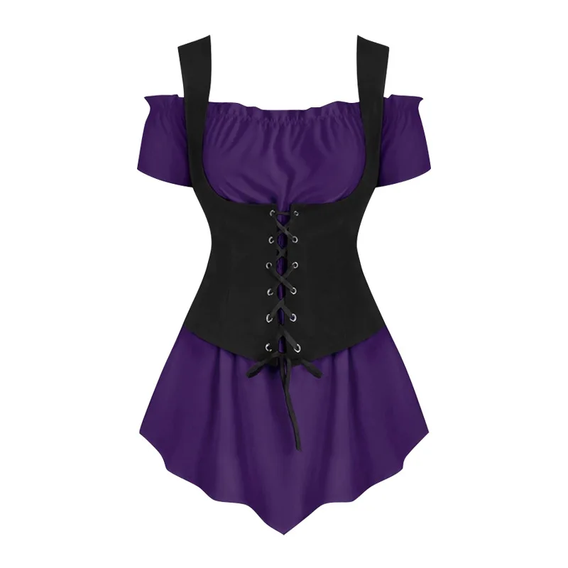 قميص Steam Punk بكتف واحد مع سترة برباط على طراز Punk مكون من قطعتين للنساء