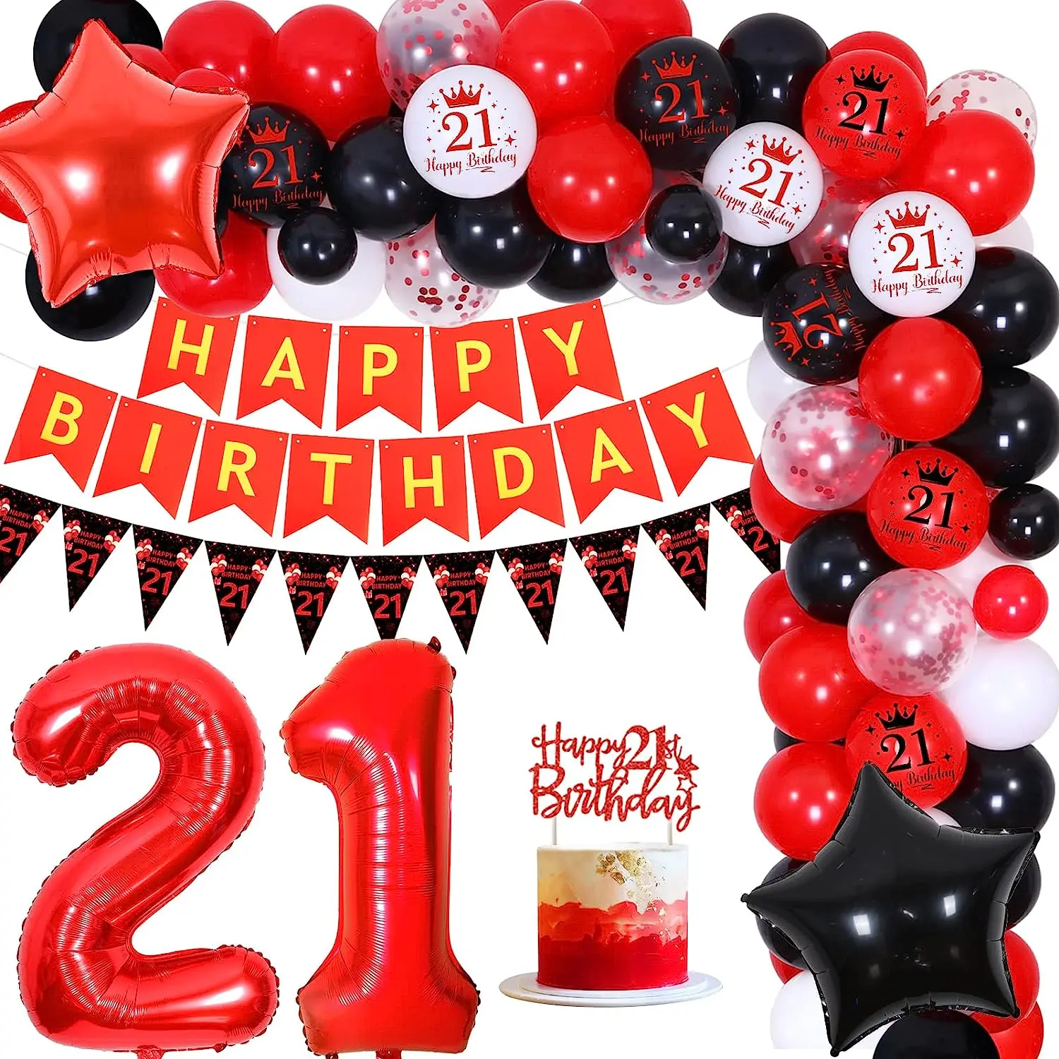 

Happy 21st Birthday Decorations for Men and Women, Red and Black Balloon, Garland Arch Kit for Him and Her 21 Years Birthday Par