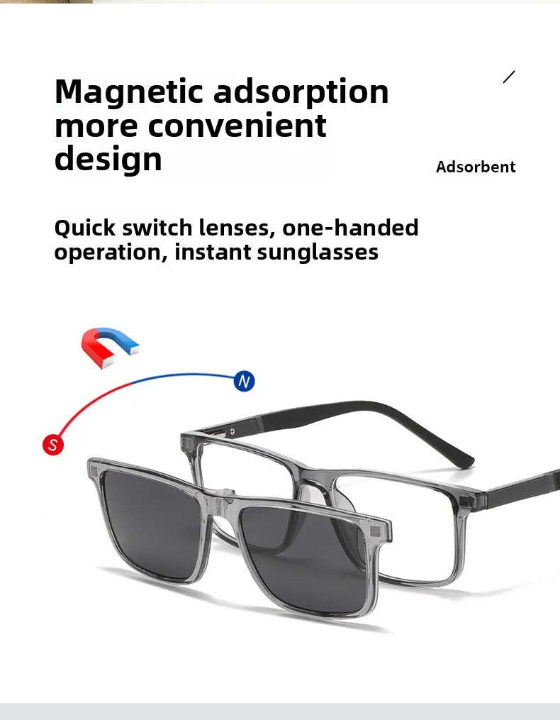 Magnetische Clip-On-polarisierte Sonnenbrille, Nachtsicht-Fahrbrille, Clip-On-Sonnenbrille, kurzsichtige Brille, transparenter grauer Rahmen – Detail 3