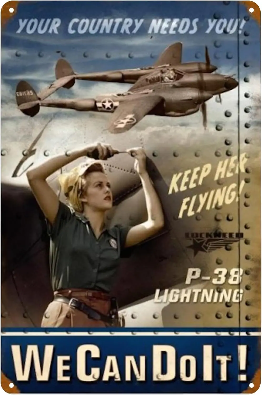 P-38 Fighter Metal Poster We Can Do It Woman Vintage Tin Sign Wall Art Decor Plaque for Home Bar Club Man Cave Garage