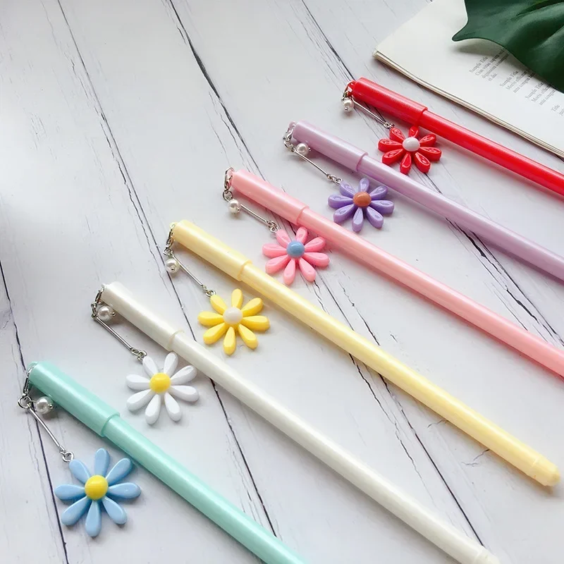 36PCS Plastic Creative Cute Little Daisy Pendant Gel Pen Cartoon Pearlescent Quick-Drying Black Ink Pen Stationery B
