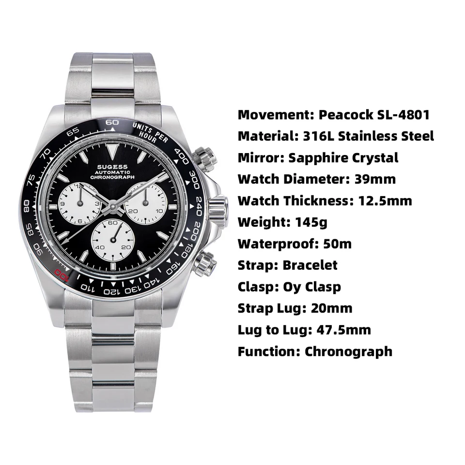 Sugess Panda Diver Chronograph Mens Watch Automatic Peacock SL