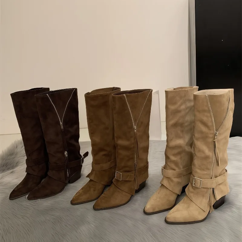 Women's Boots Vintage Suede Leather Casual Long Tube Boots Temperament Pointed Toe Pants Tube Boot Fashion Women Straight Boots