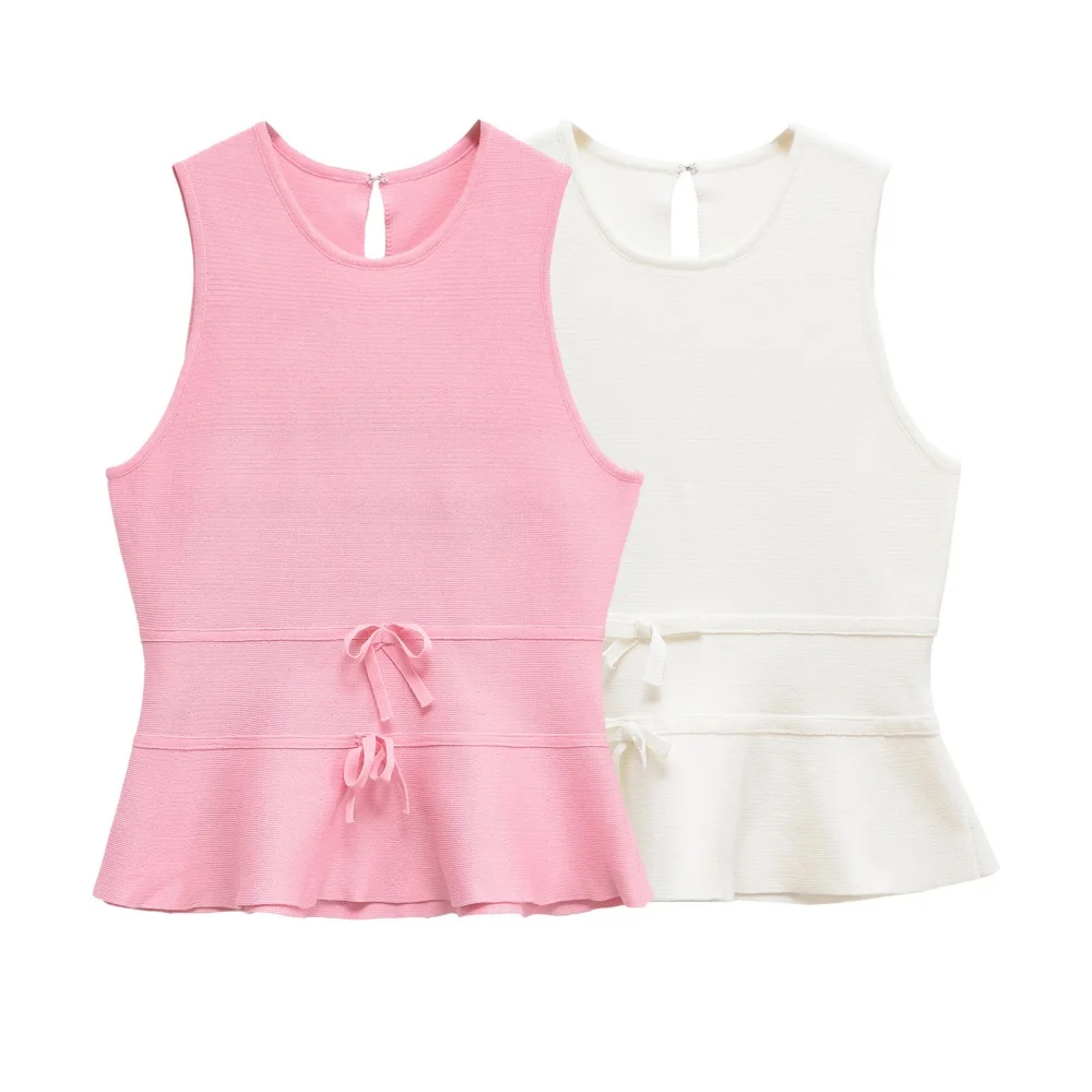 

short skirt hem bow slim fit top round neck sleeveless solid color vest summer new women's temperament vest