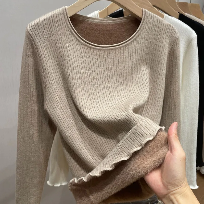 Suéter de punto para mujer, jerséis nuevos de manga larga, suéter femenino con cuello redondo, suéter de punto con forro polar negro, Jersey, Tops para mujer Q2058