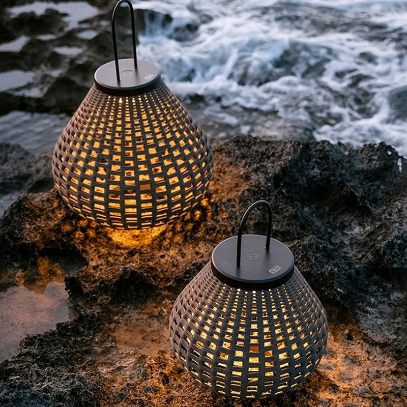Waterproof Outdoor Garden Aluminum Wicker-Woven Lawn Light Portable Wicker Camping Lantern Beautiful Woven Lamp Body for Garden