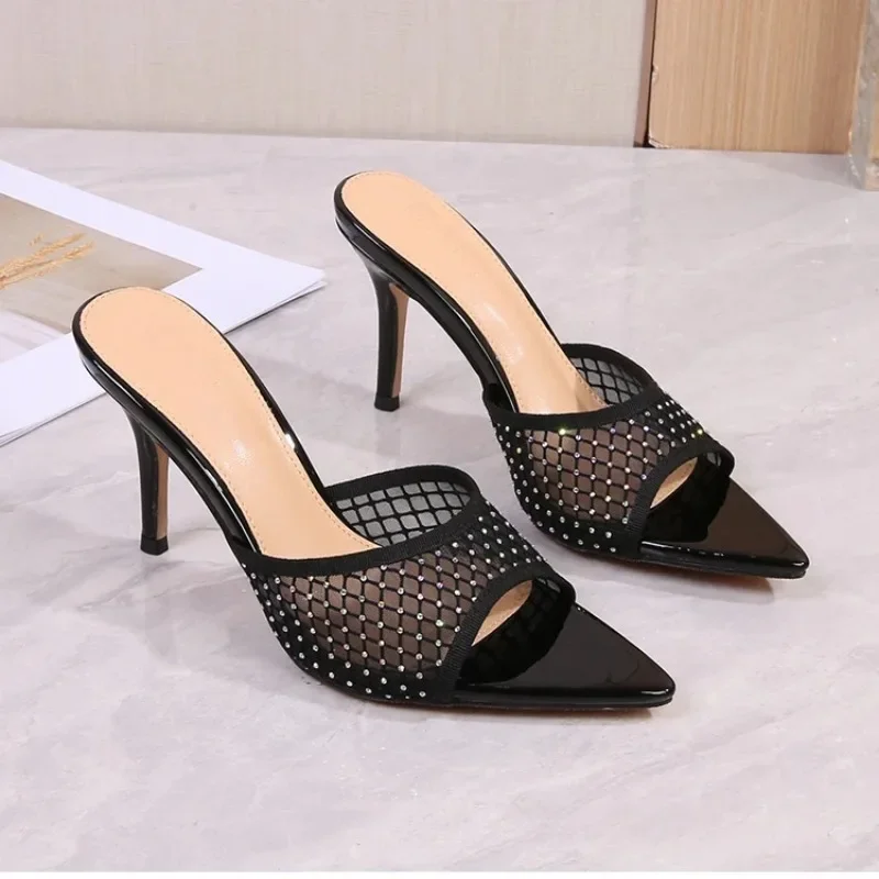 Summer New Mesh Rhinestone Outdoor Slippers Women's 8cm High Heel Pointed Mesh Diamond European American Handmade Sandals 43