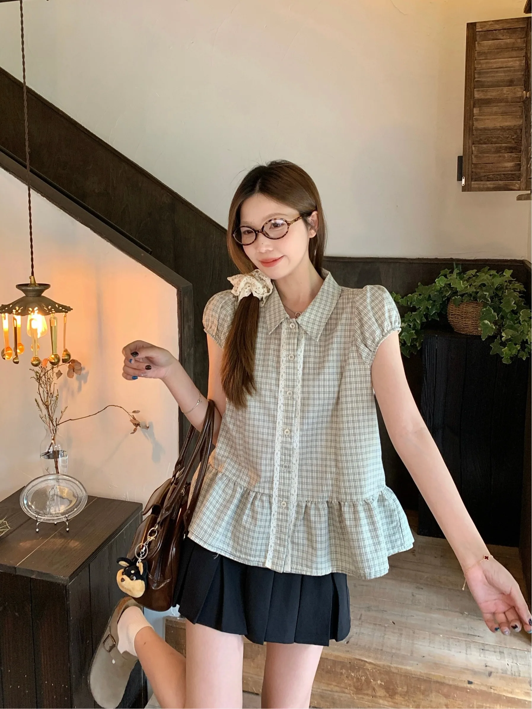 

plus Size Women's Retro Plaid Short Sleeve Shirt Lace Splicing Design Summer Slimming Versatile Korean Style Commute Wind Blouse
