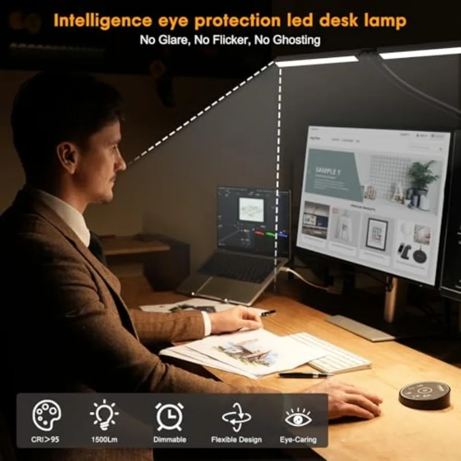 Led Desk Lamp for Office Home - Eye Caring Architect lamp with Clamp, Dual Screen Computer Monitor Work Smart Light: 24W 5 Colo view 4
