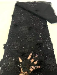 Black Beaded Lace Fabric 2024 African Tulle Lace Fabric French Lace Fabrics Nigerian Lace Fabric For Wedding Party 5 Yards