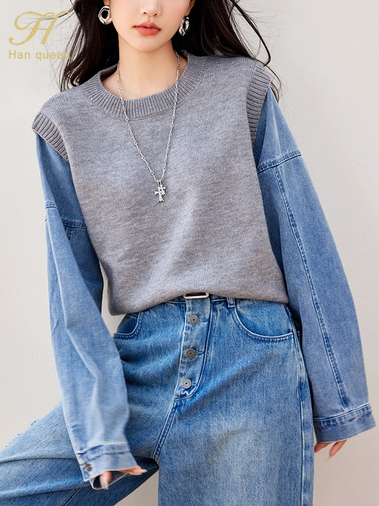 H Han Queen New Autumn Knit Denim Patchwork T-Shirt Women Vintage Work Casual Tops Long Sleeve Elegant Loose Shirts And Blouses