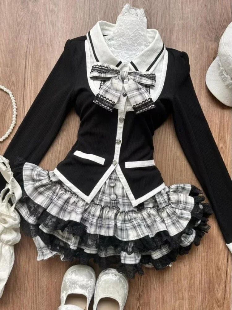 Preppy Style Hot Girl Y2K Splicing Color Slim Knitted Sweater + Plaid Cake Skirt Japanese Style Sweet Cute Two Piece Sets Women