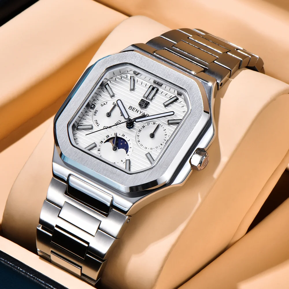 

Новые мужские часы BENYAR 2025: квадратные, люксовые, из нержавеющей стали, с отображением дня недели, деловые, кварцевые, светящиеся, с фазами Луны